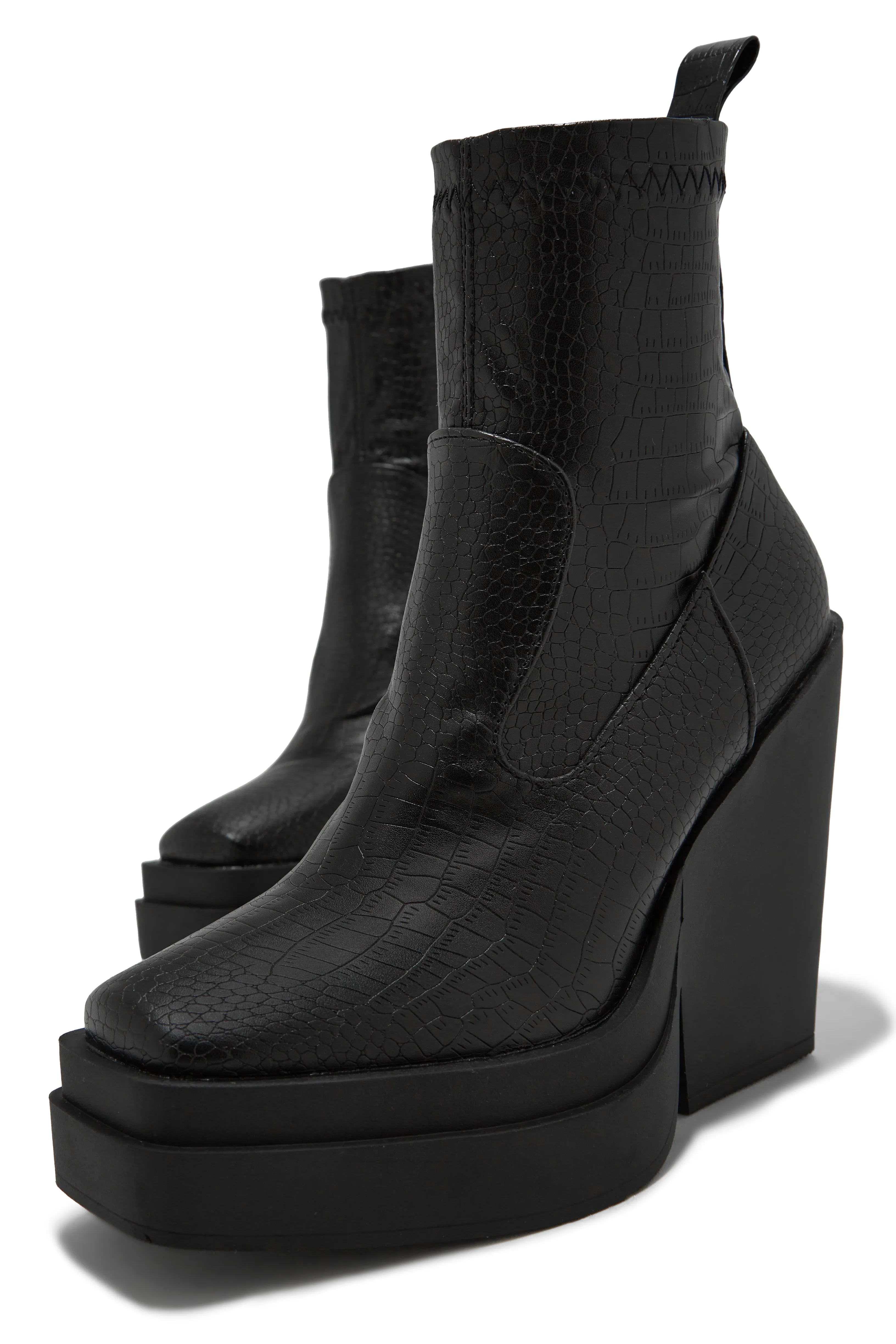 Aleksandra Block Heel Platform Ankle Boots - Croc Black