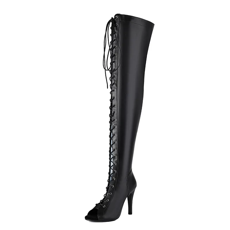 Black Peep Toe Thigh High Lace up Stiletto Long Boots