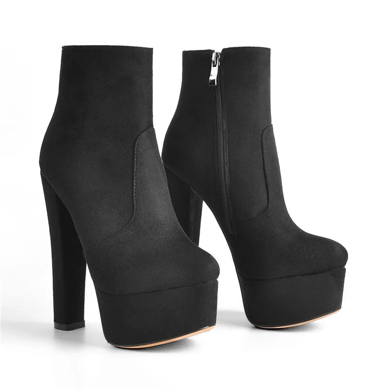 Chunky Round High Heel Ankle Boots with Platform