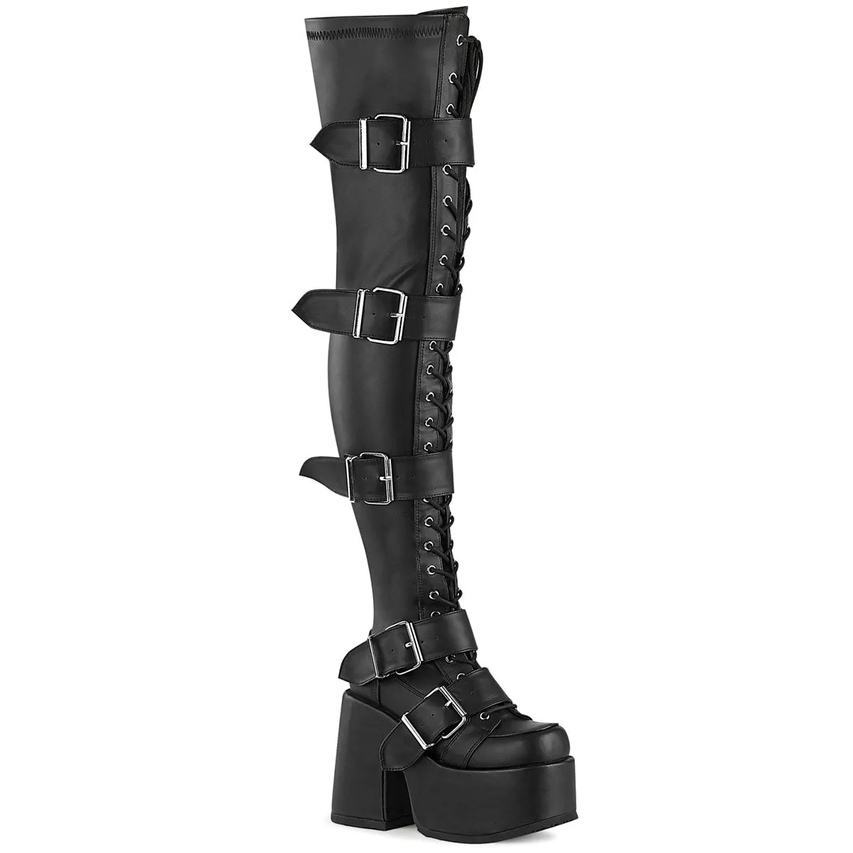 Demonia Camel-305 Lace-Up Stretch Thigh-High Boot