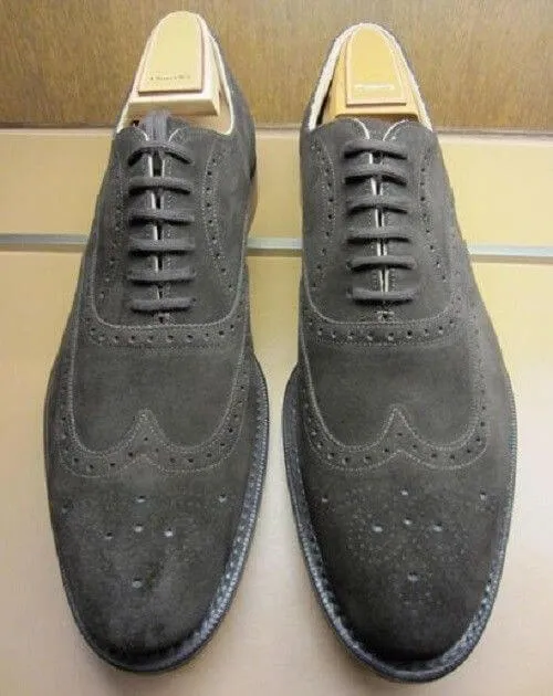 Elegantly Designed Men's Handmade Gray Suede Lace Up Shoes, Men Dress Formal Wing Tip Brogue Shoes