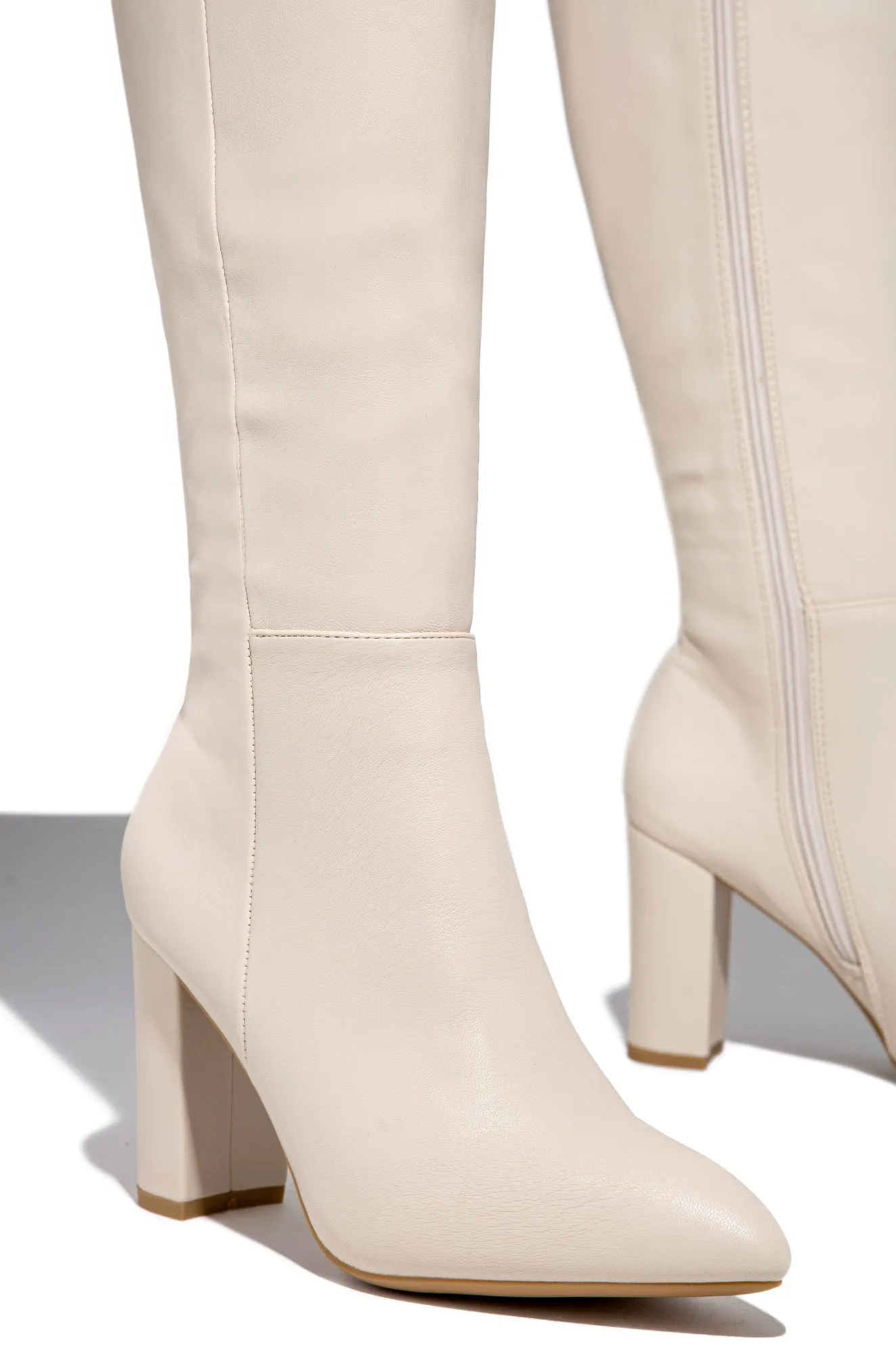 Fine Time Block Heel Knee High Boots - Ivory