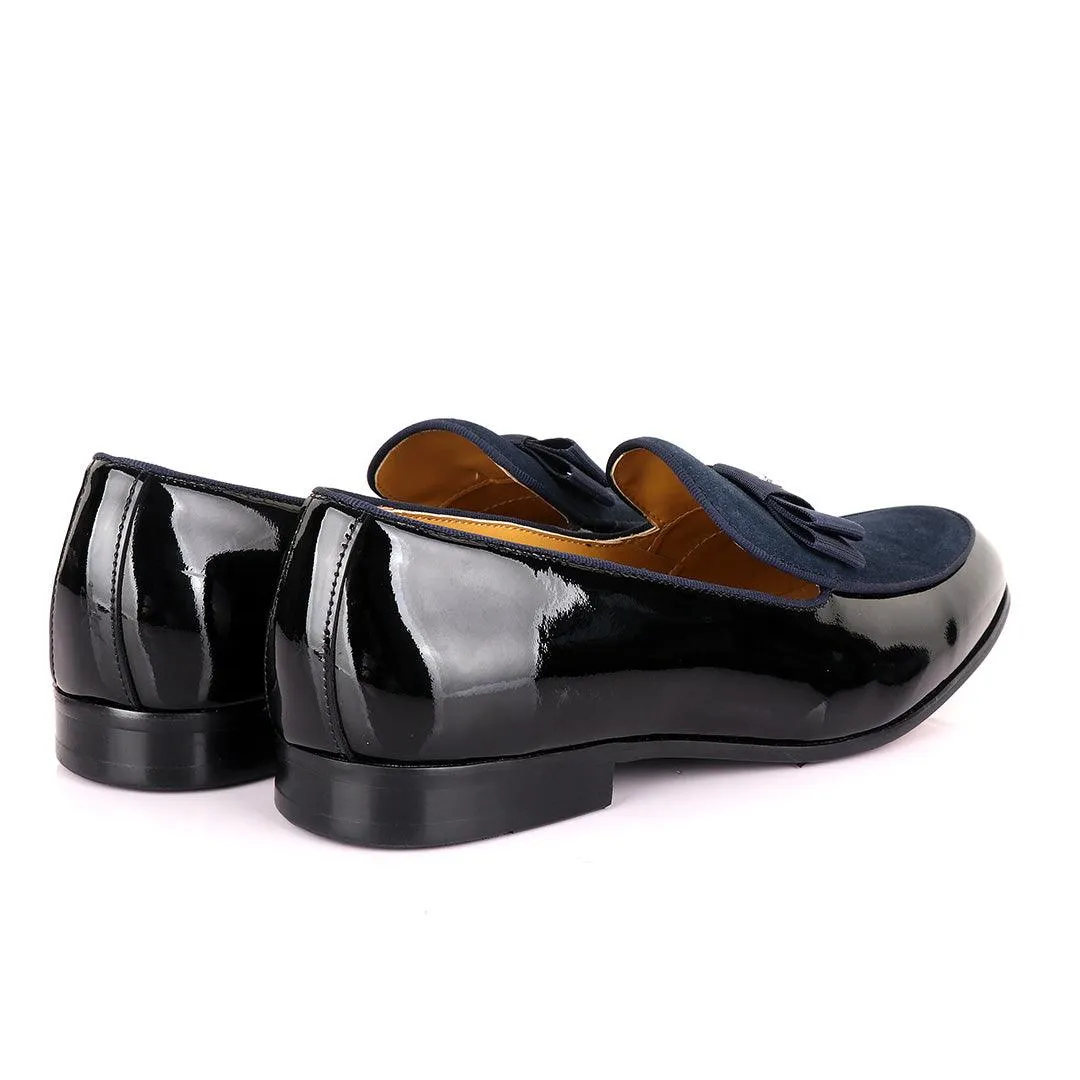 John Mendson Black Patent Bow With Blue Suede Loafers