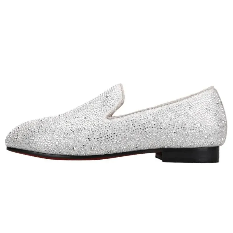 Kids Loafers Crystal Gleam: Handmade Silver Leather Parent-Child Loafers - Red Bottoms