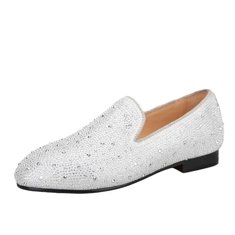 Kids Loafers Crystal Gleam: Handmade Silver Leather Parent-Child Loafers - Red Bottoms