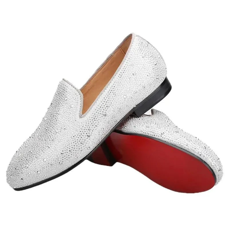 Kids Loafers Crystal Gleam: Handmade Silver Leather Parent-Child Loafers - Red Bottoms