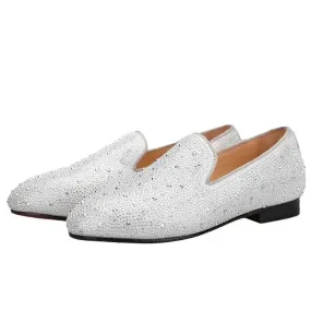 Kids Loafers Crystal Gleam: Handmade Silver Leather Parent-Child Loafers - Red Bottoms