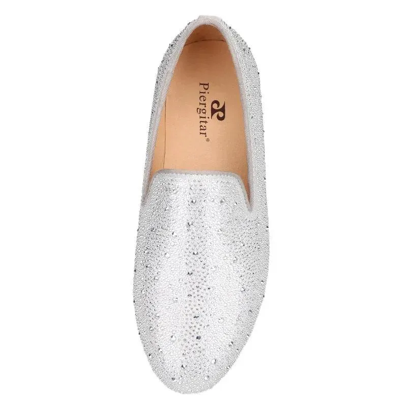 Kids Loafers Crystal Gleam: Handmade Silver Leather Parent-Child Loafers - Red Bottoms