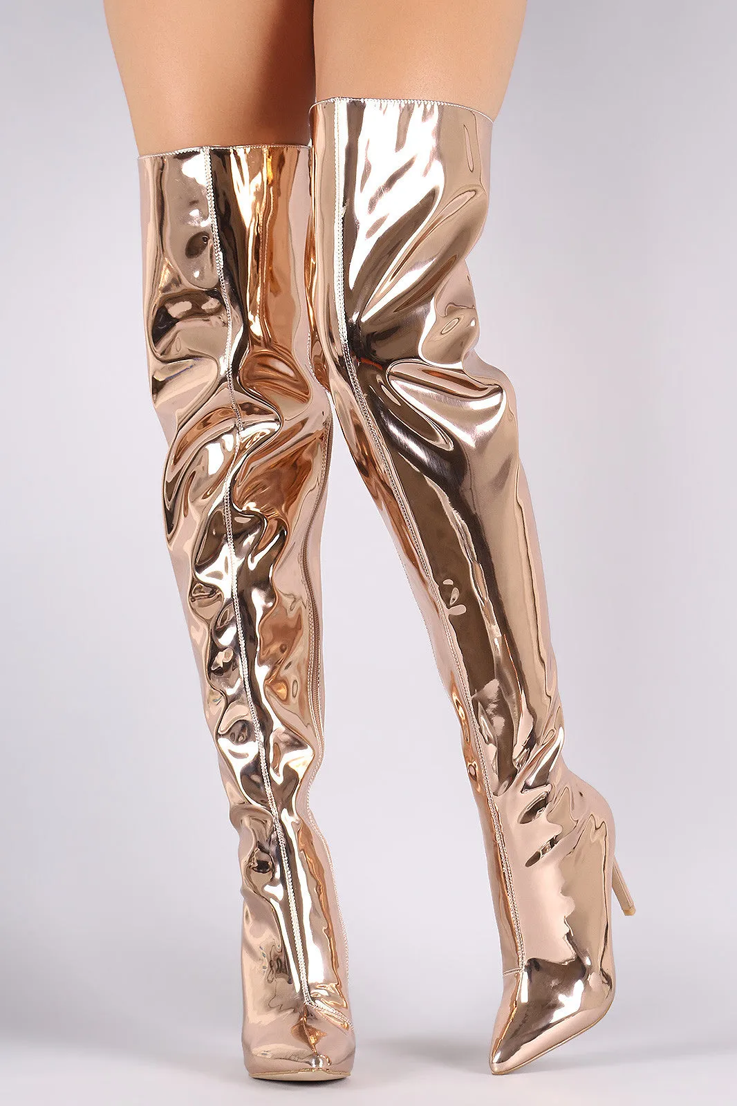 Mirror Metallic Pointy Toe Stiletto Over-The-Knee Boots