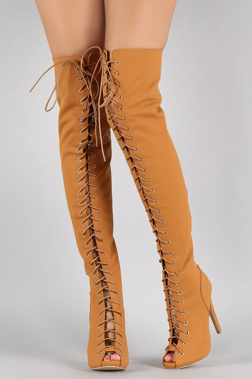 Nubuck Lace Up Peep Toe Stiletto Over the Knee Boots