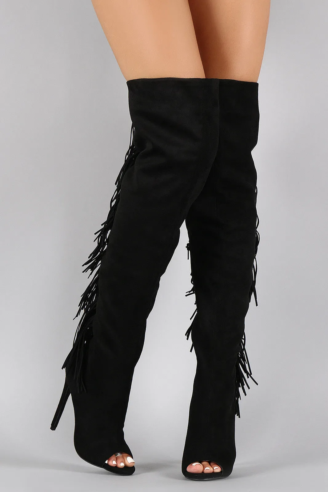 Privileged Suede Fringe Peep Toe Stiletto Thigh High Boot