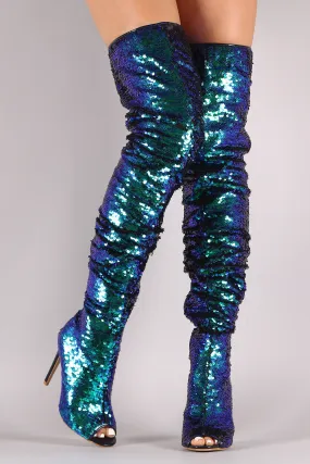 Sequin Slouchy Peep Toe Stiletto Over-The-Knee Boots