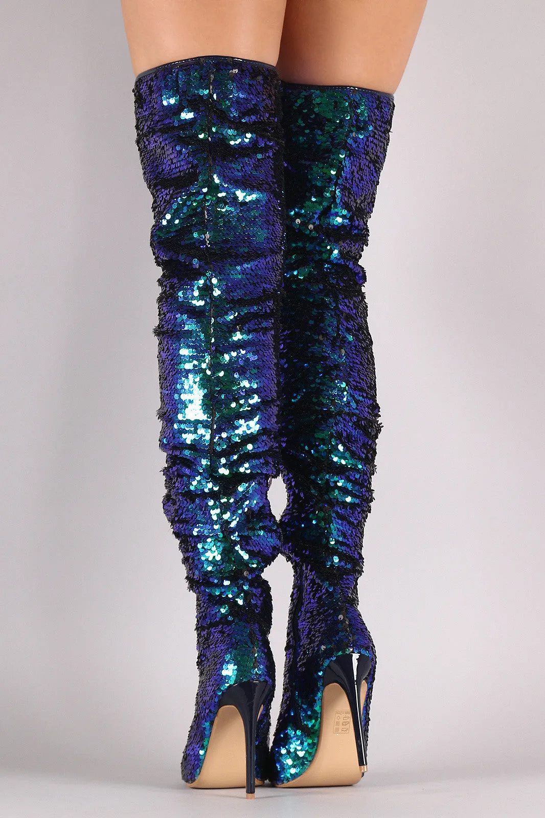 Sequin Slouchy Peep Toe Stiletto Over-The-Knee Boots